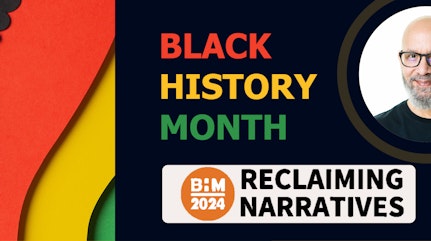 Image shows a logo for Black History Month and a picture of Nicholas smiling