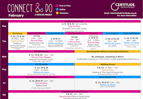 Image shows our Connect and Do programme of community activities in February 2026