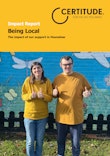 Image shows the front cover image from the Being Local Impact Report of two people smiling and giving the thumbs up in front of a community mural