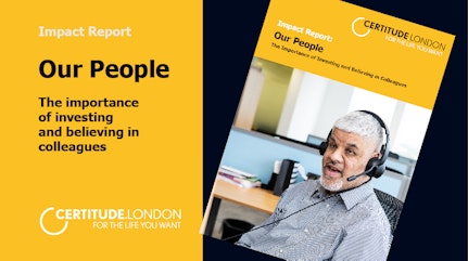 image shows the front cover of the certitude impact report with a man smiling