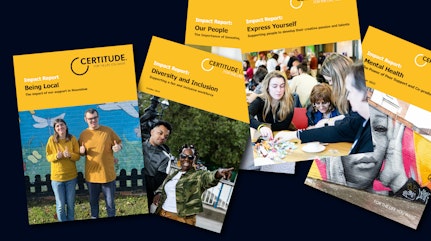 Image shows the front cover images from all the Certitude Impact Reports