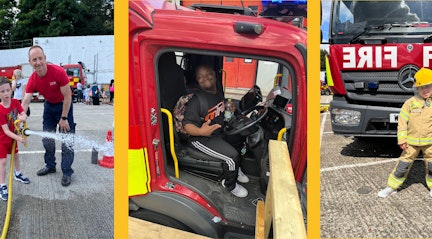 Image shows children from the community squirting the fire hose, sitting in the fire truck and dressed as a fire officer