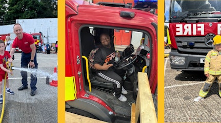 Image shows children from the community squirting the fire hose, sitting in the fire truck and dressed as a fire officer