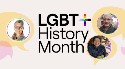 Image shows LGBTQ History Month logo with speech bubbles and pictures of people smiling