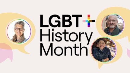 Image shows LGBTQ History Month logo with speech bubbles and pictures of people smiling