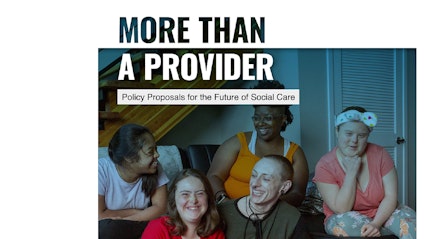 Image shows front cover of More Than a Provider document with a diverse group of people who draw on social care smiling