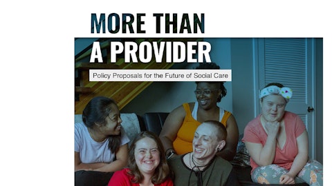 Image shows front cover of More Than a Provider document with a diverse group of people who draw on social care smiling