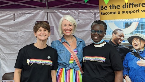 images shows certitude colleagues smiling in front of our Pride London stand