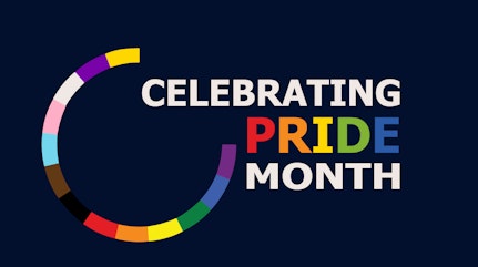 Image shows the Celebrating Pride Month title in Pride Colours on a dark background