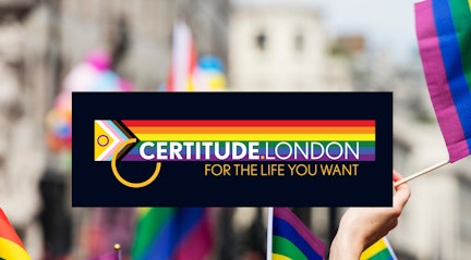 image shows pride flags being waved with the Certitude Pride Logo