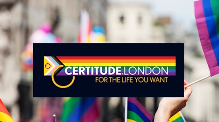 image shows pride flags being waved with the Certitude Pride Logo