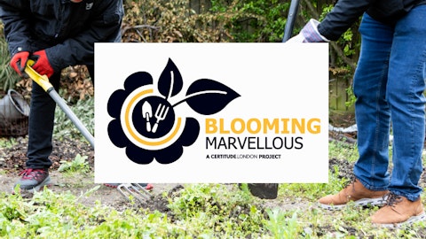 Image shows logo with gardening tools and a flower blooming
