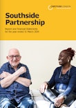 Image shows the front cover of the Southside Partnership annual accounts with a man and his carer sharing a joke