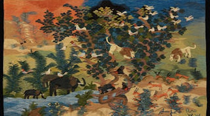 Image shows animal themed tapestry exhibit from the exhibition